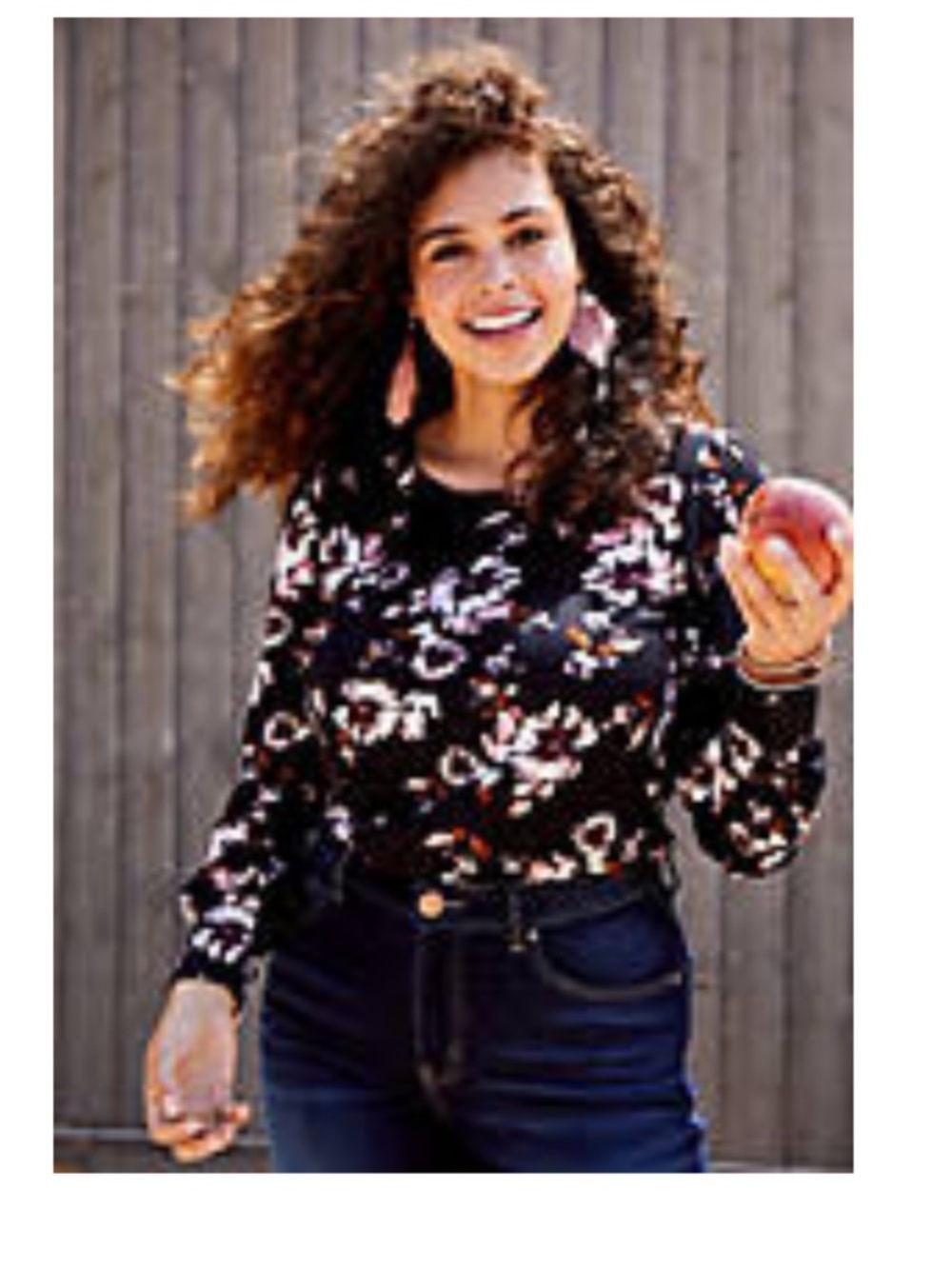 Maurices Black Floral Long Sleeve Lantern Tee with Pink Accents